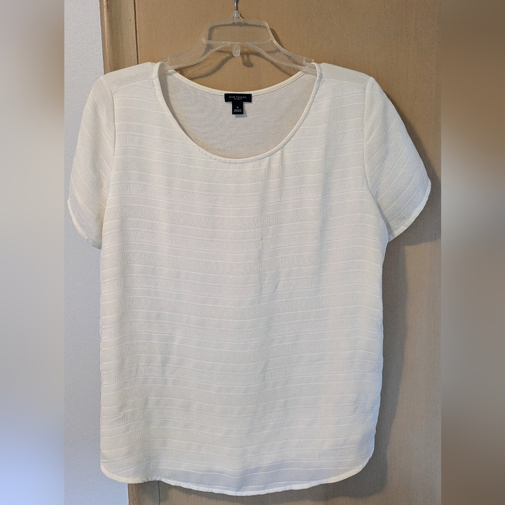 Ann Taylor Cream Short Sleeve Top with Horizontal Stripe Detail